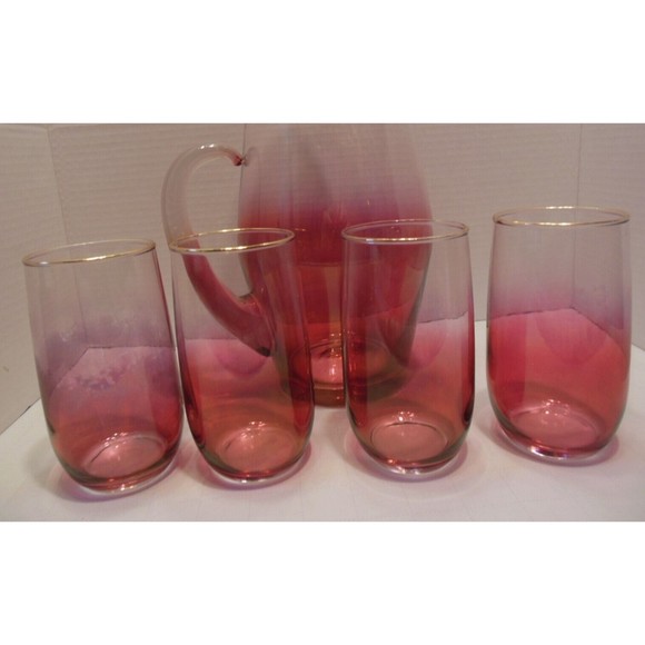 VTG Blendo W. Virginia Cranberry Glass Pitcher Set 4 Glasses Iridescent Pink Red - Picture 3 of 3